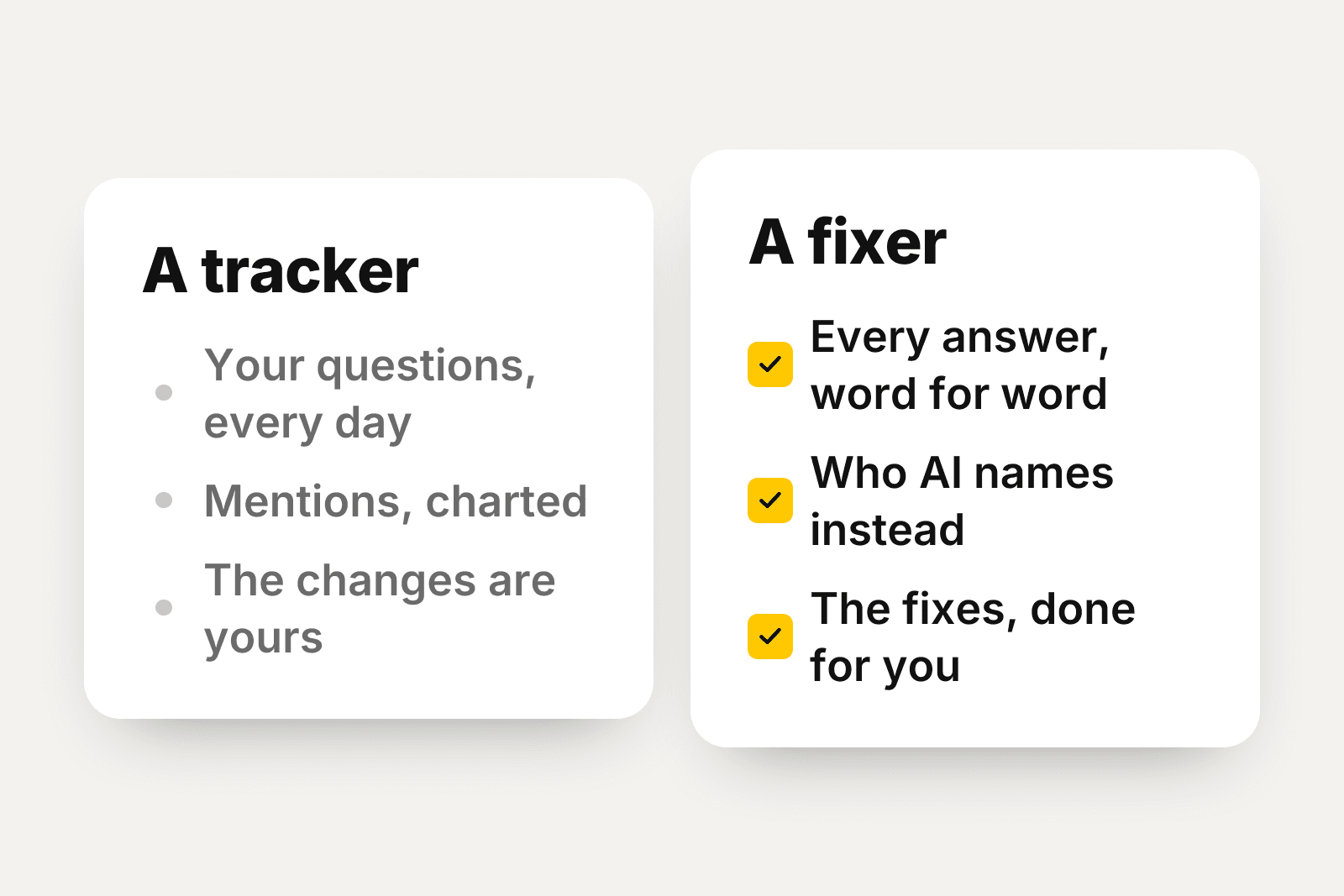 A tracker charts your questions every day; a fixer shows every answer and does the fixes.