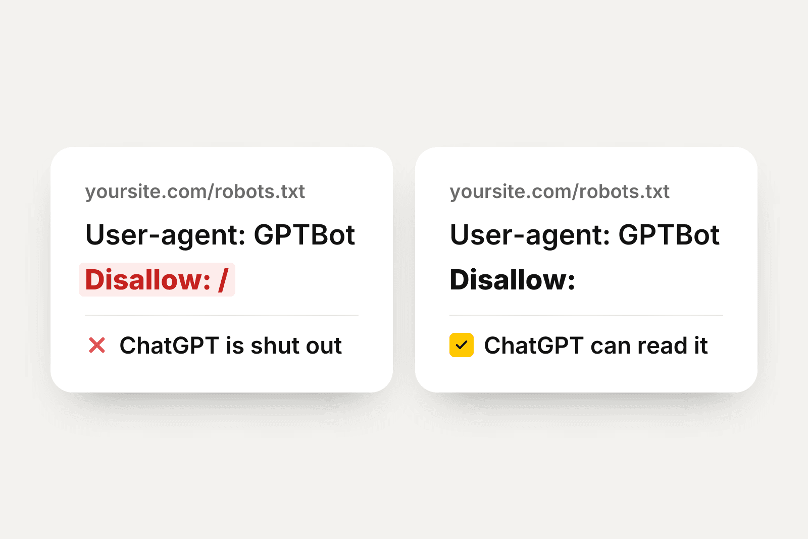 Two robots.txt files: one shuts GPTBot out with Disallow: /, the other lets it read the site.