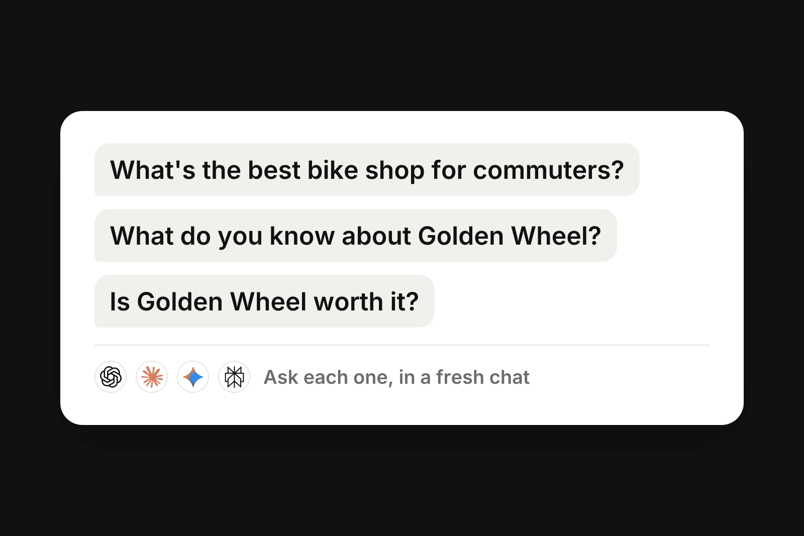 Three questions to ask ChatGPT, Claude, Gemini and Perplexity about a bike shop called Golden Wheel.
