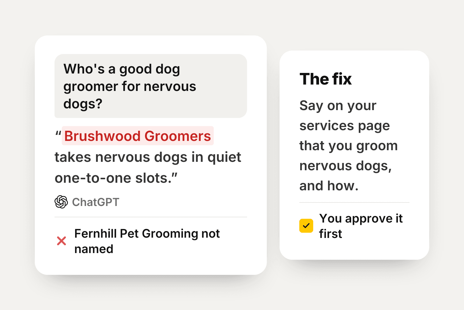 A ChatGPT answer names Brushwood Groomers for nervous dogs, beside the fix for Fernhill Pet Grooming.