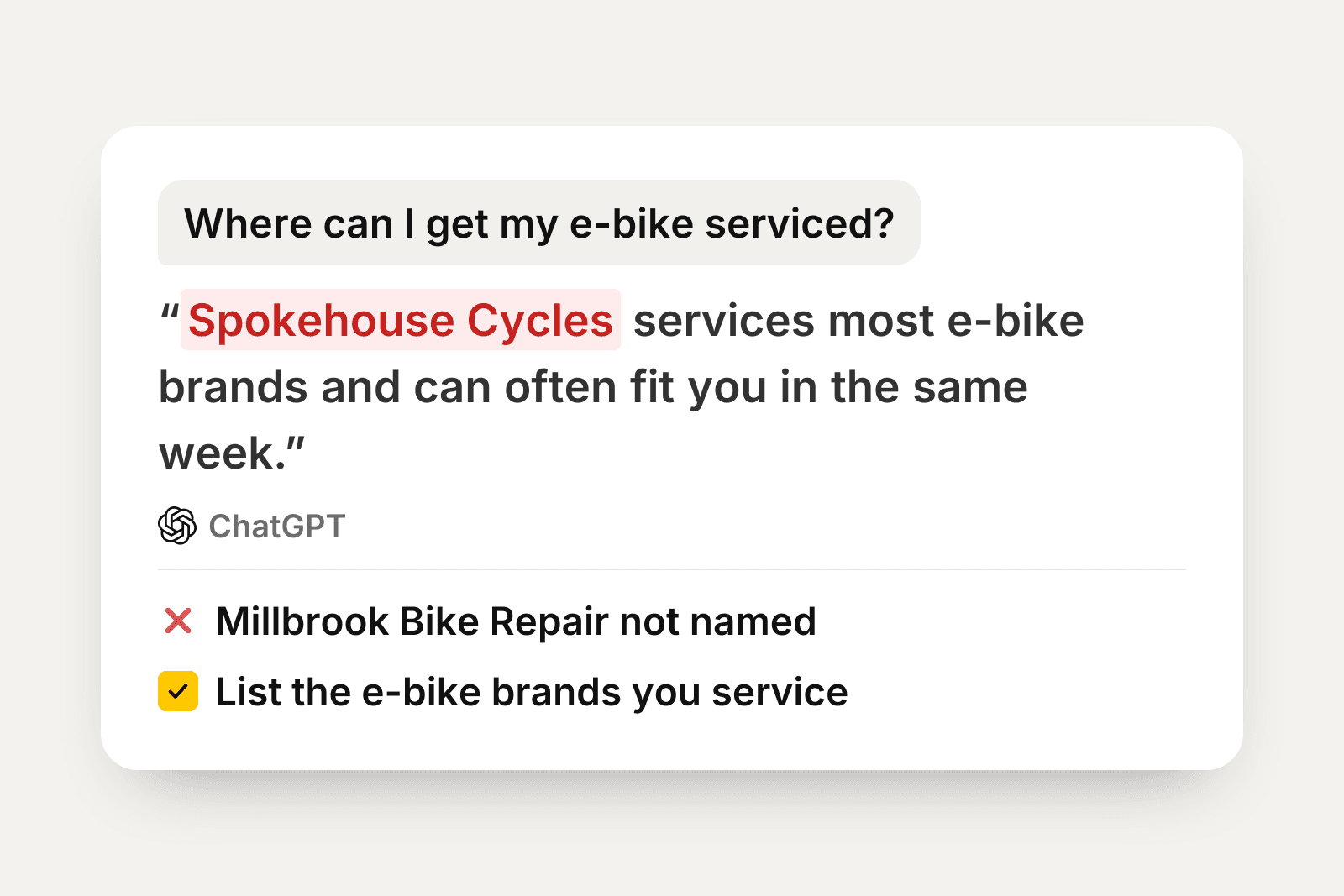 A ChatGPT answer names Spokehouse Cycles for e-bike servicing and leaves out Millbrook Bike Repair, with the fix below.