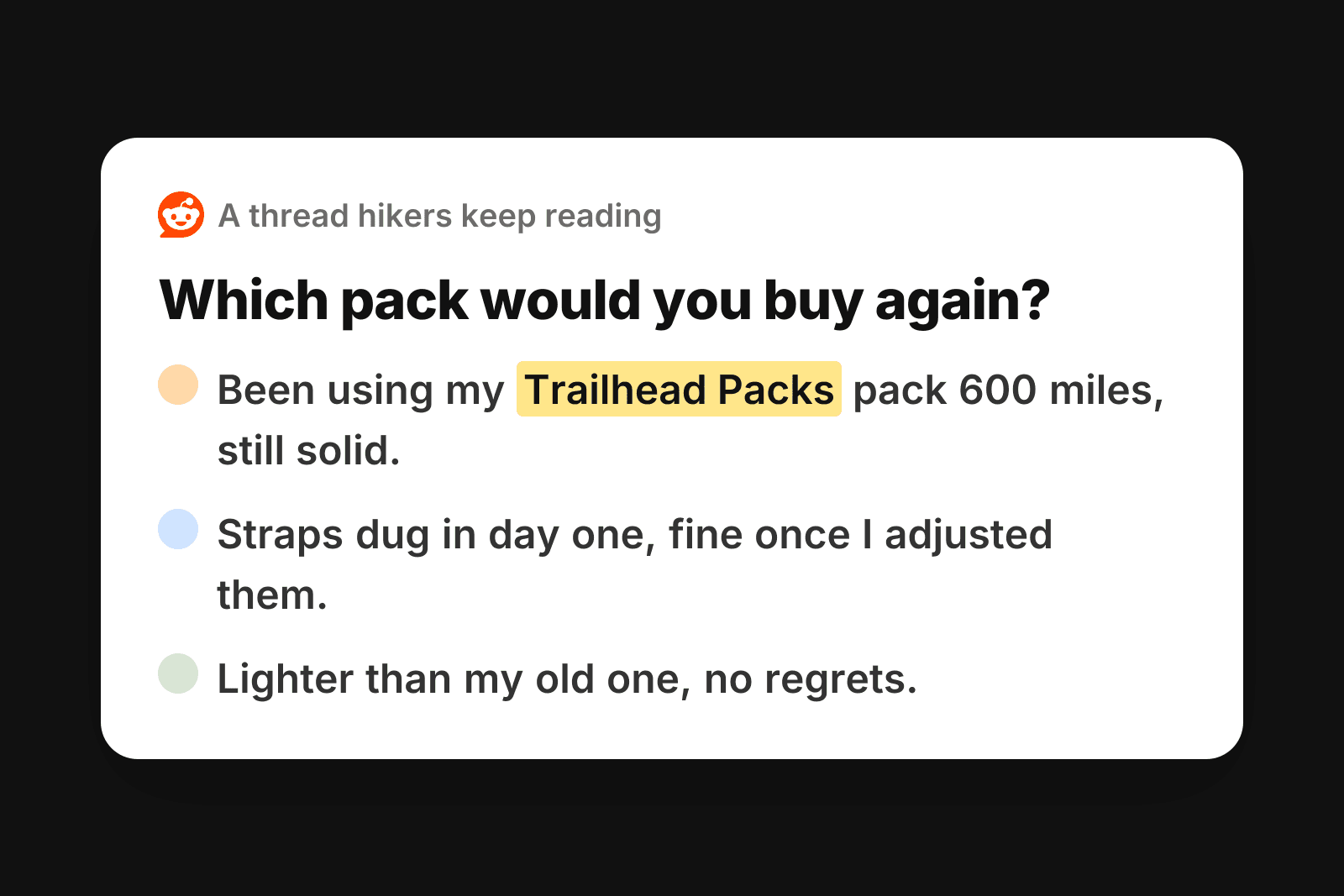 A Reddit thread where hikers compare packs and one of them names Trailhead Packs.